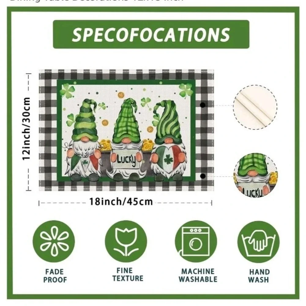 XCHI St Patrick's Day Placemats Set of 6 Plaid Gnome Shamrock Table Mats 12x18